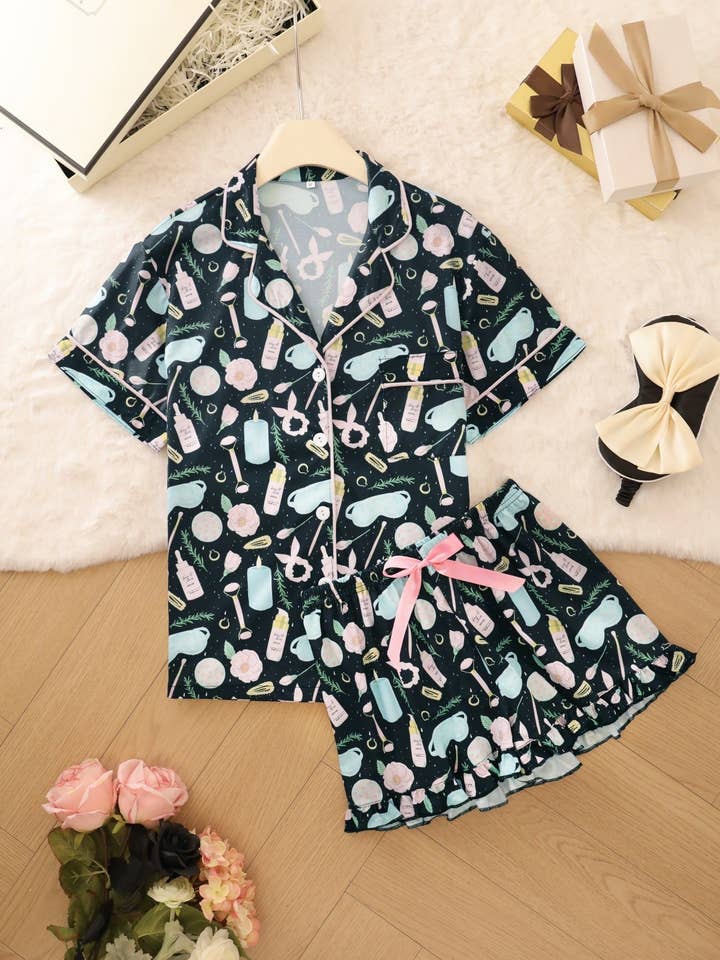 Conjunto de Pijama con Estampado de Spa de Autocuidado para venta al por mayor de Tickled Teal