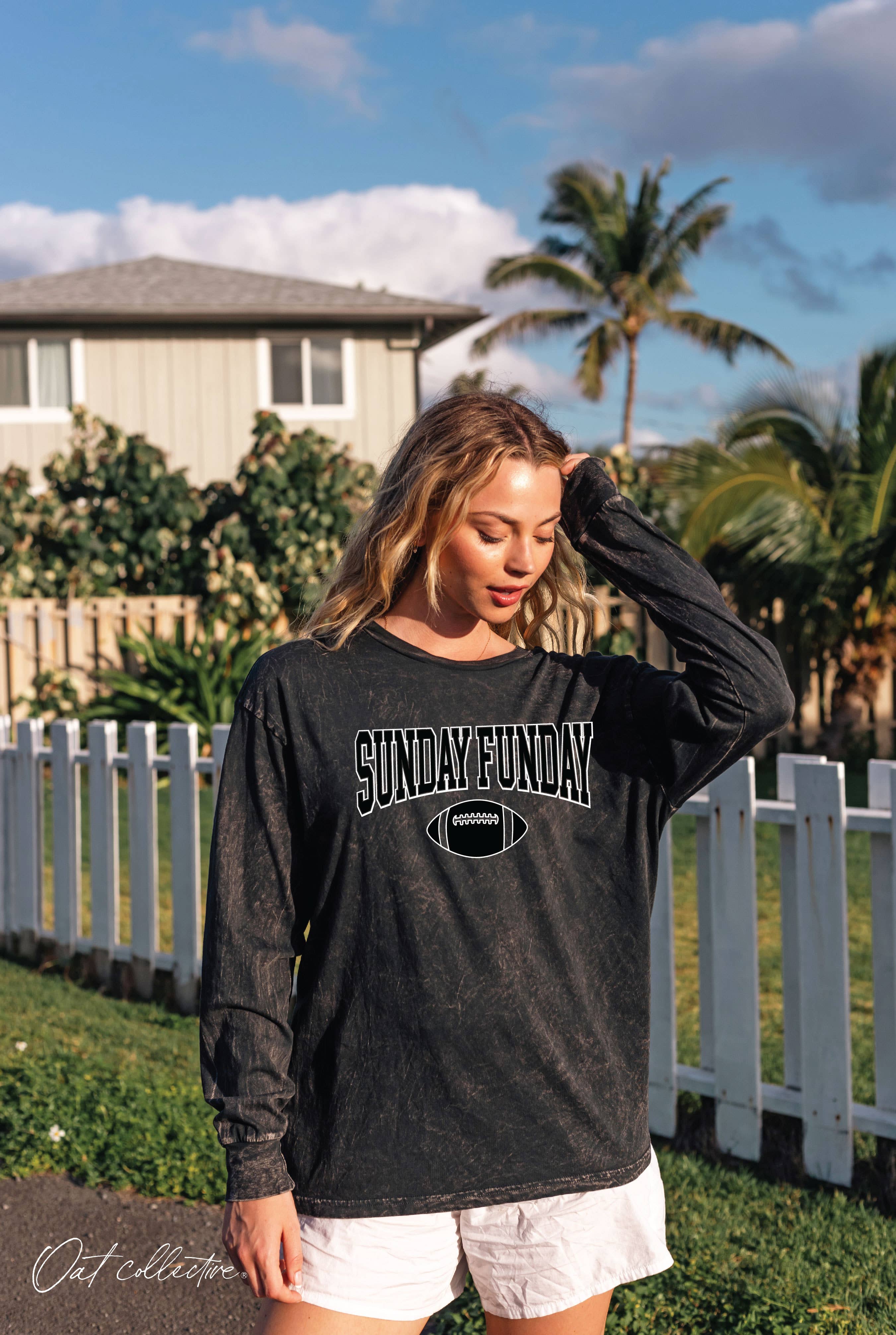 OAT COLLECTIVE - Wholesale Screen Printed T-Shirt - Women's - SUNDAY FUNDAY Mineral Washed Long Sleeve Graphic4