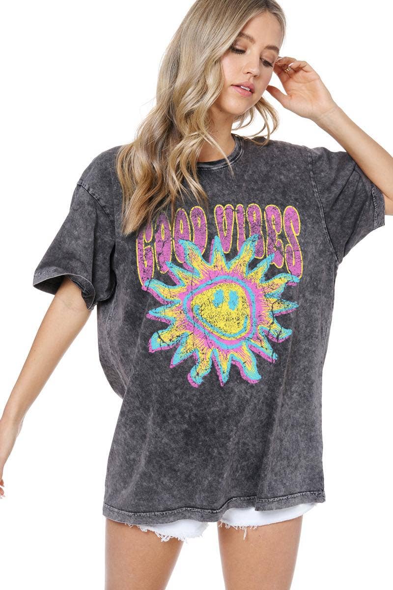 Zutter - Wholesale Screen Printed T-Shirt - Women's - Good Vibes Sunshine Graphic S/S Washed Boyfriend Tee6