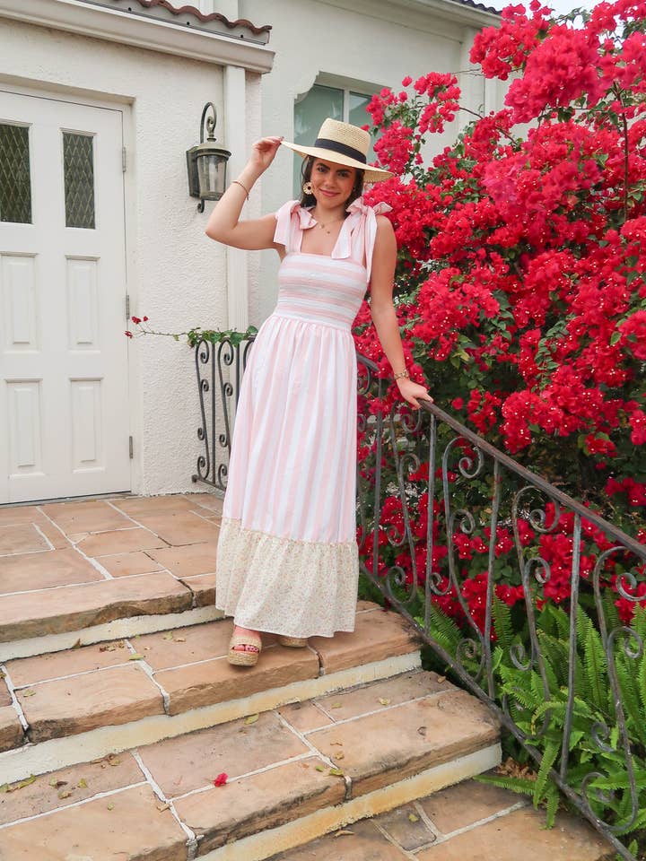 Pink And White Striped Smocked Bow Dress | The Bonnie Dress for wholesale by hey friends