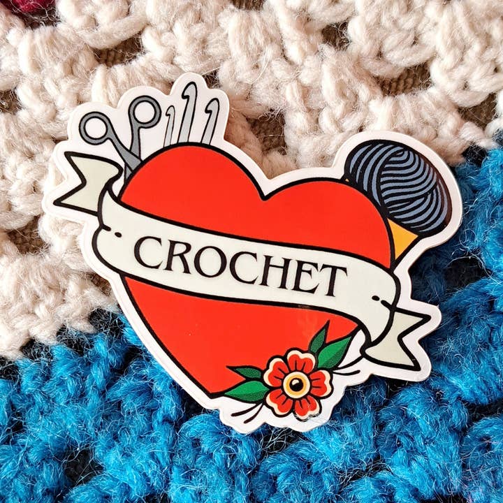 Crochet Love Tattoo Style Sticker | edgy cute crochet heart for wholesale by The Pigeon's Nest