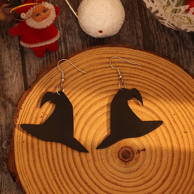 Noir Boucles d'oreilles en cuir avec chapeau de sorcier noir d'Halloween SP396 en vente sur Faire3