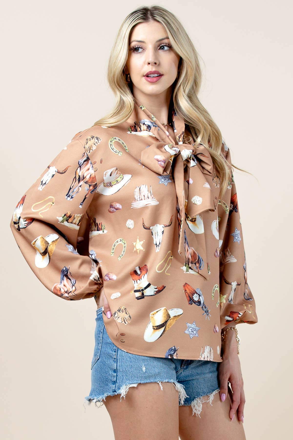 Multi Colored T1629-6173-Western Sheriff Spur Shoes Print  Blouse for wholesale on Faire7