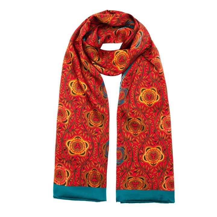 Red Floral Printed Satin Silk Scarf, Hand-Sewn for wholesale by Hamzah