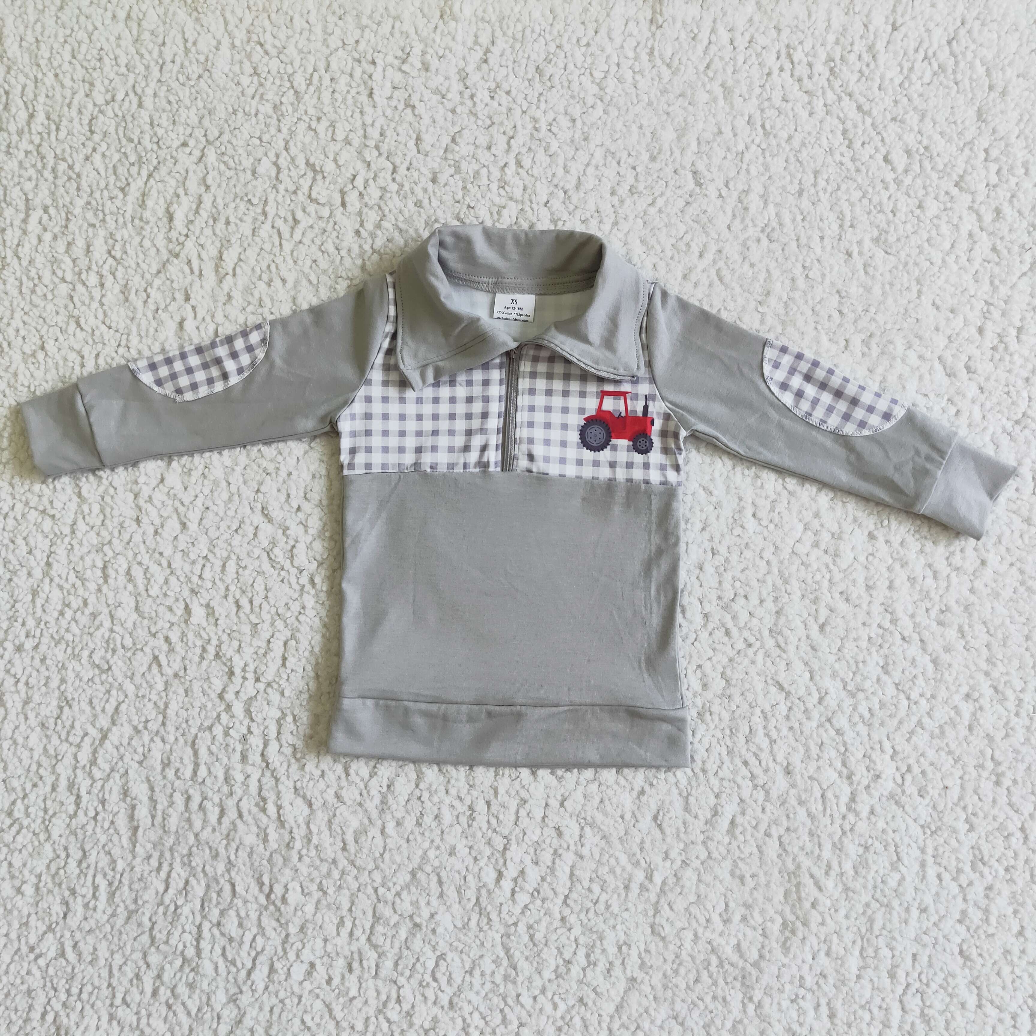 Yawoo Garments - Wholesale T-Shirt - Kids - Tractor plaid zipper grey shirt kids boy pullover1