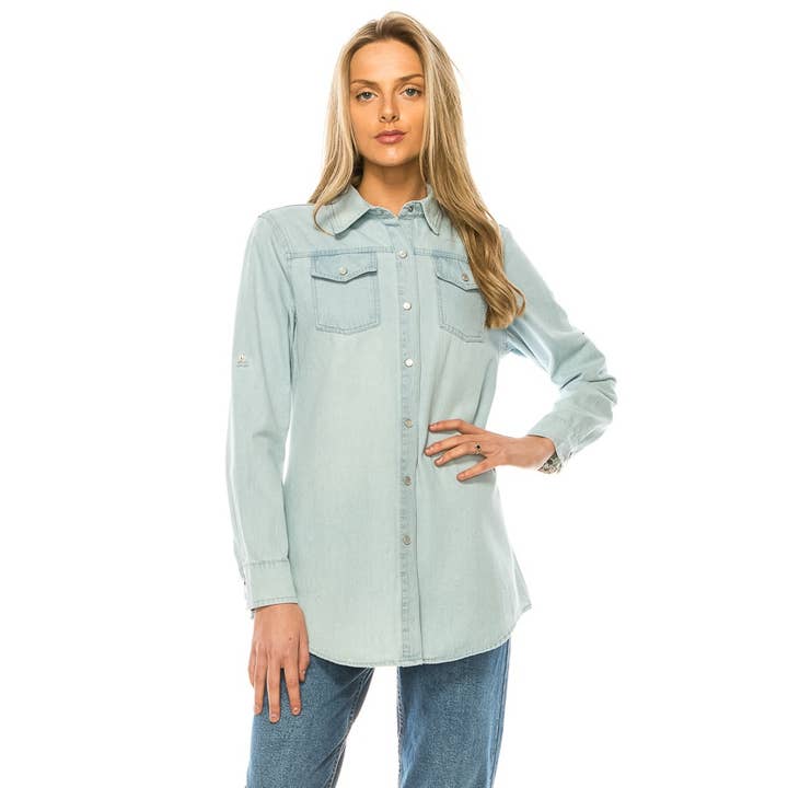 BUTTON DOWN DENIM TOP WITH FLORAL DETAIL for wholesale by Mapcie