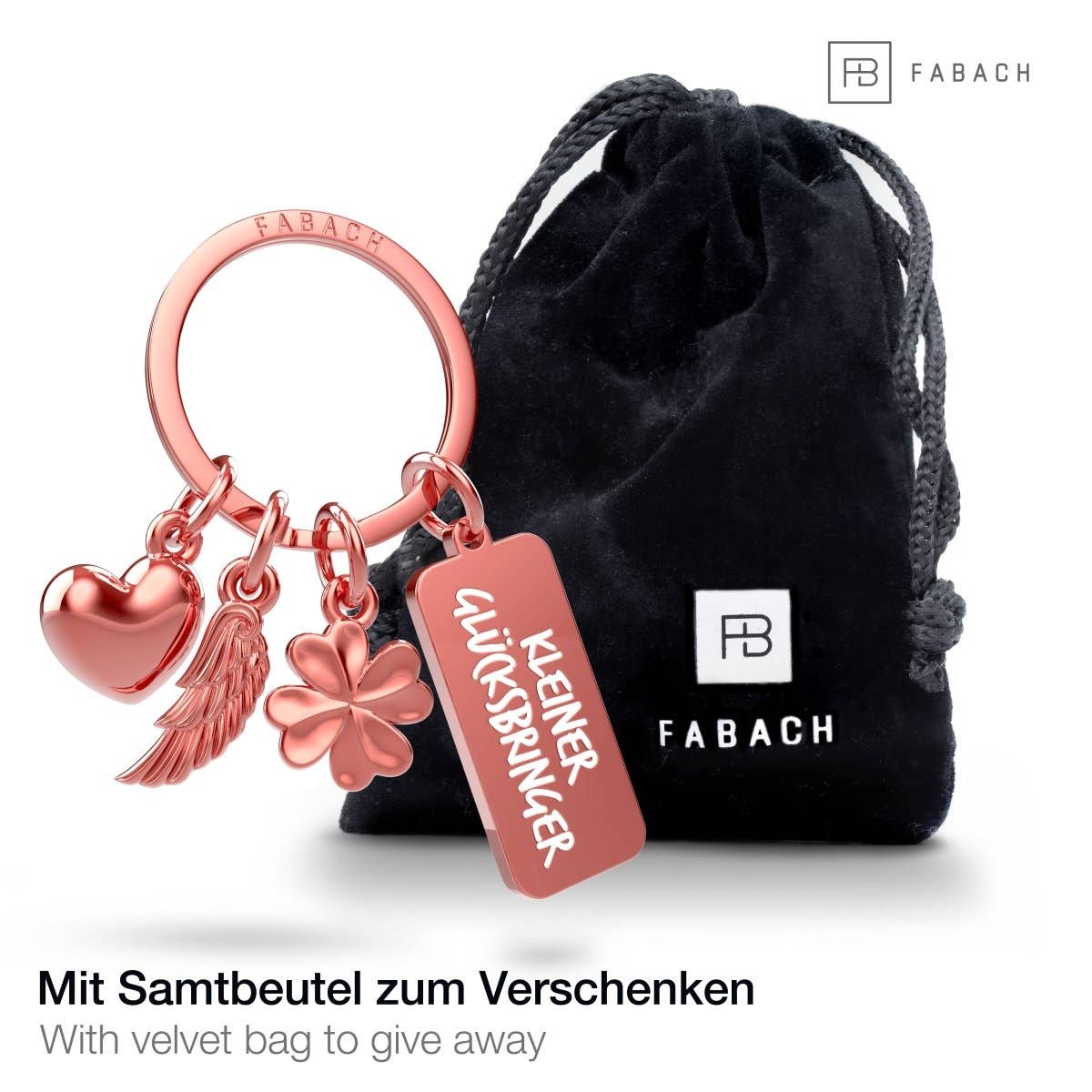 FABACH – Die Schlüsselanhänger-Schmiede – Großhandel Schlüsselanhänger – Unisex – "3 Charms" Schutzengel Schlüsselanhänger - Engel Herz Kleeblatt Glücksbringer mit Botschaft Gravur "Kleiner Glücksbringer"4