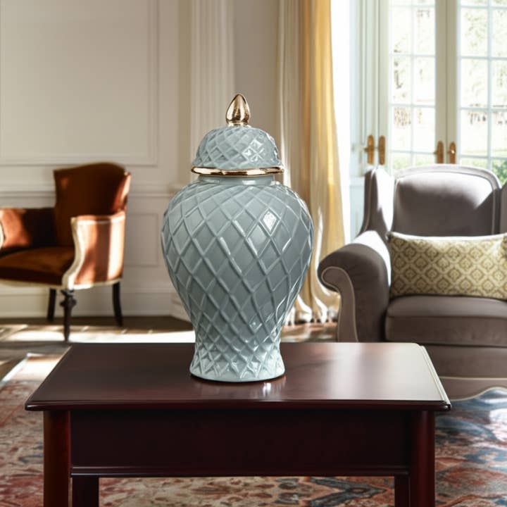 Sagebrook Home - Wholesale Decorative Jar - Ceramic Rope Temple Lidded Decorative Jar - Blue, 14 in.12