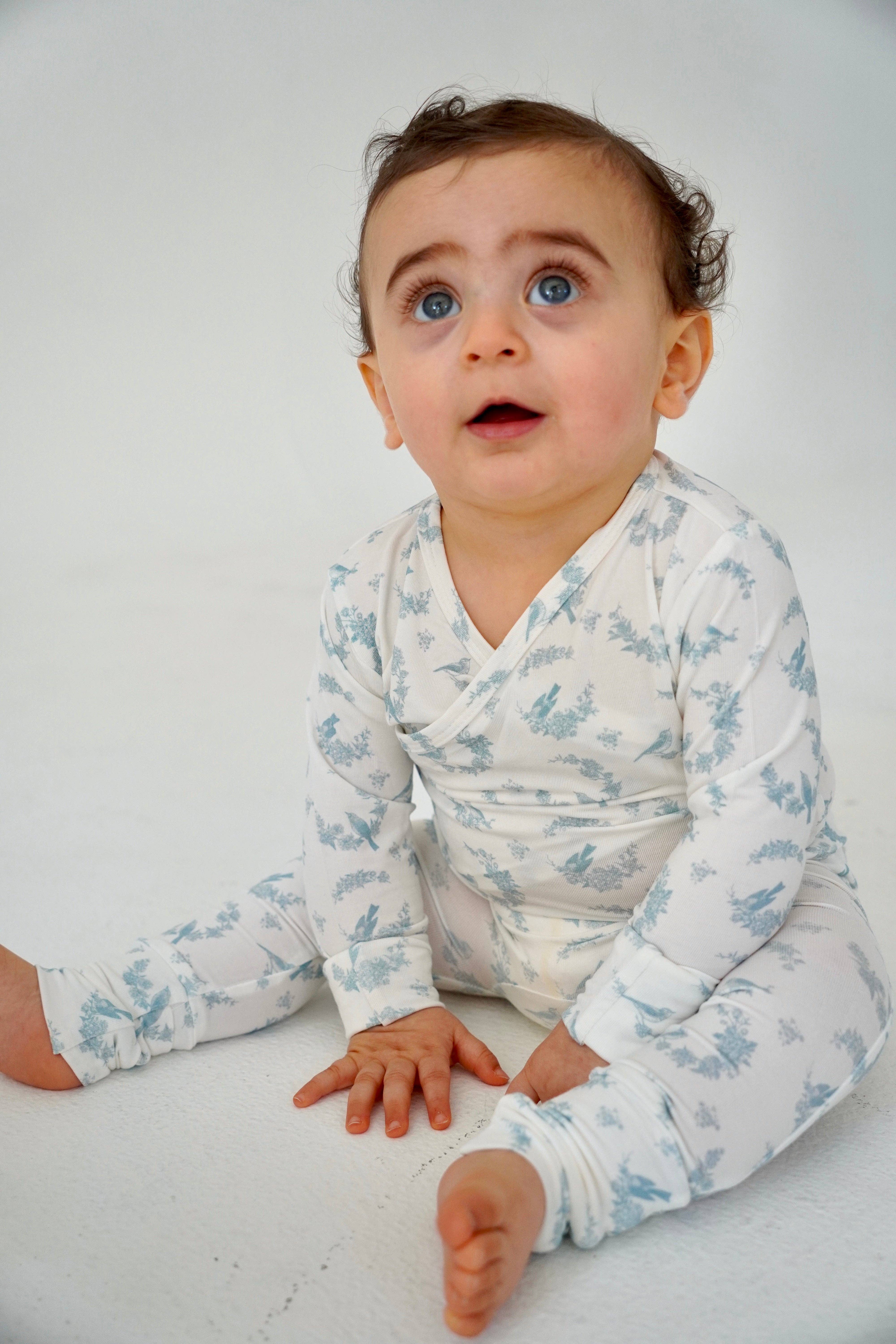 Little Threads - Wholesale Onesie - Kids - Little Blue Bird Bamboo Wrap Footie1