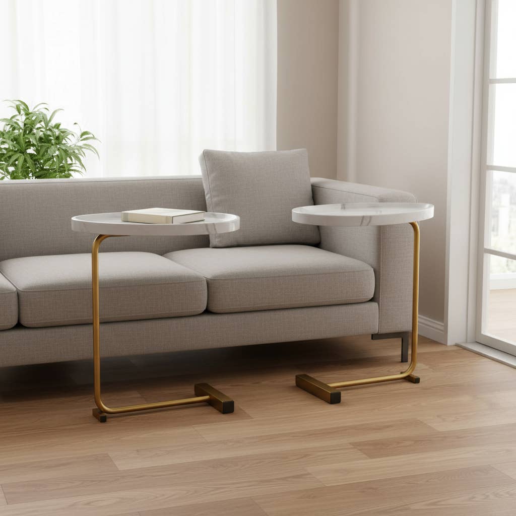 HomeRoots - Vente Tables d'appoint - Ensemble de deux tables d'appoint ovales en faux marbre blanc et or et métal1