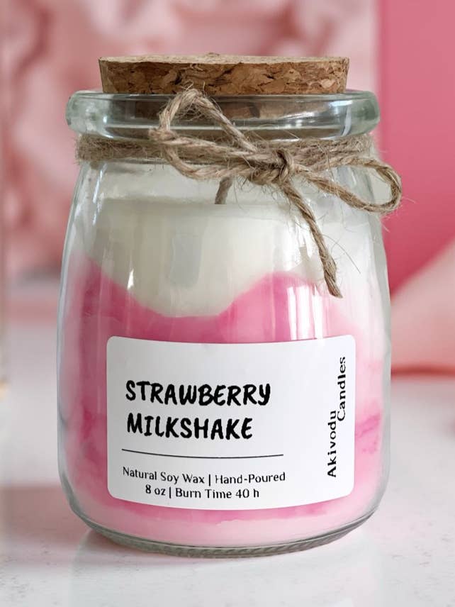 Strawberry Milkshake 7 oz - glass cozy jar for wholesale by Akivodu Candles
