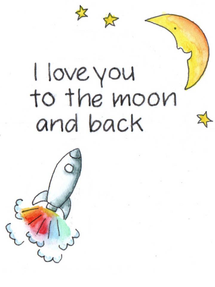 Liebesgrußkarte "Ich liebe dich bis zum Mond und zurück" für den Großhandel von Sue Gross Design Studio