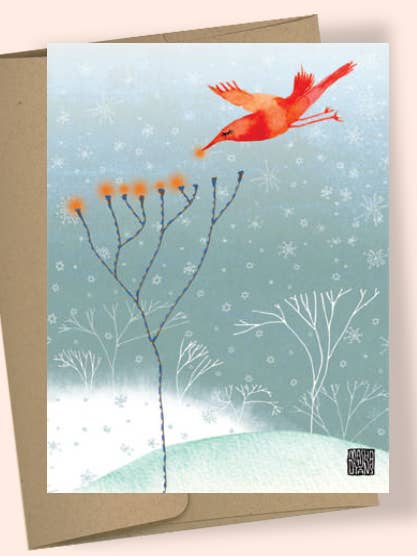 TREEMENORAH VOGEL AQUAREL WENSKAART voor wholesale door Studio Masha D'yans