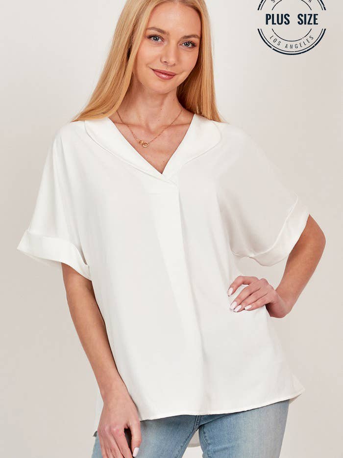 Shopin LA - Wholesale Blouse - Women's - SPT5068P - PLUS SOLID COLLARED SHORT SLEEVE LOOSE BOXY TOP
