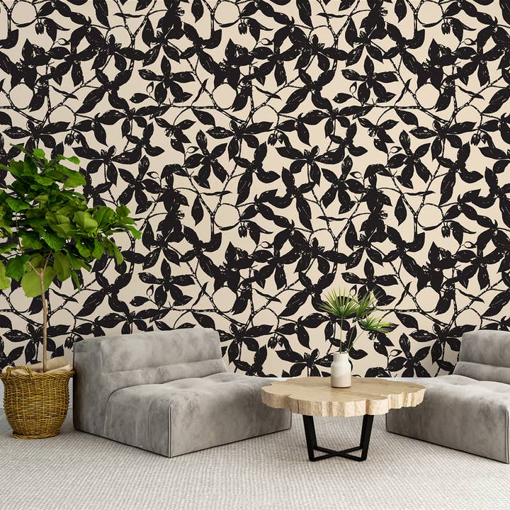 Carta da parati vivaio foglie nere, murale moderno beige per la vendita all'ingrosso da parte di SimurgWallArts