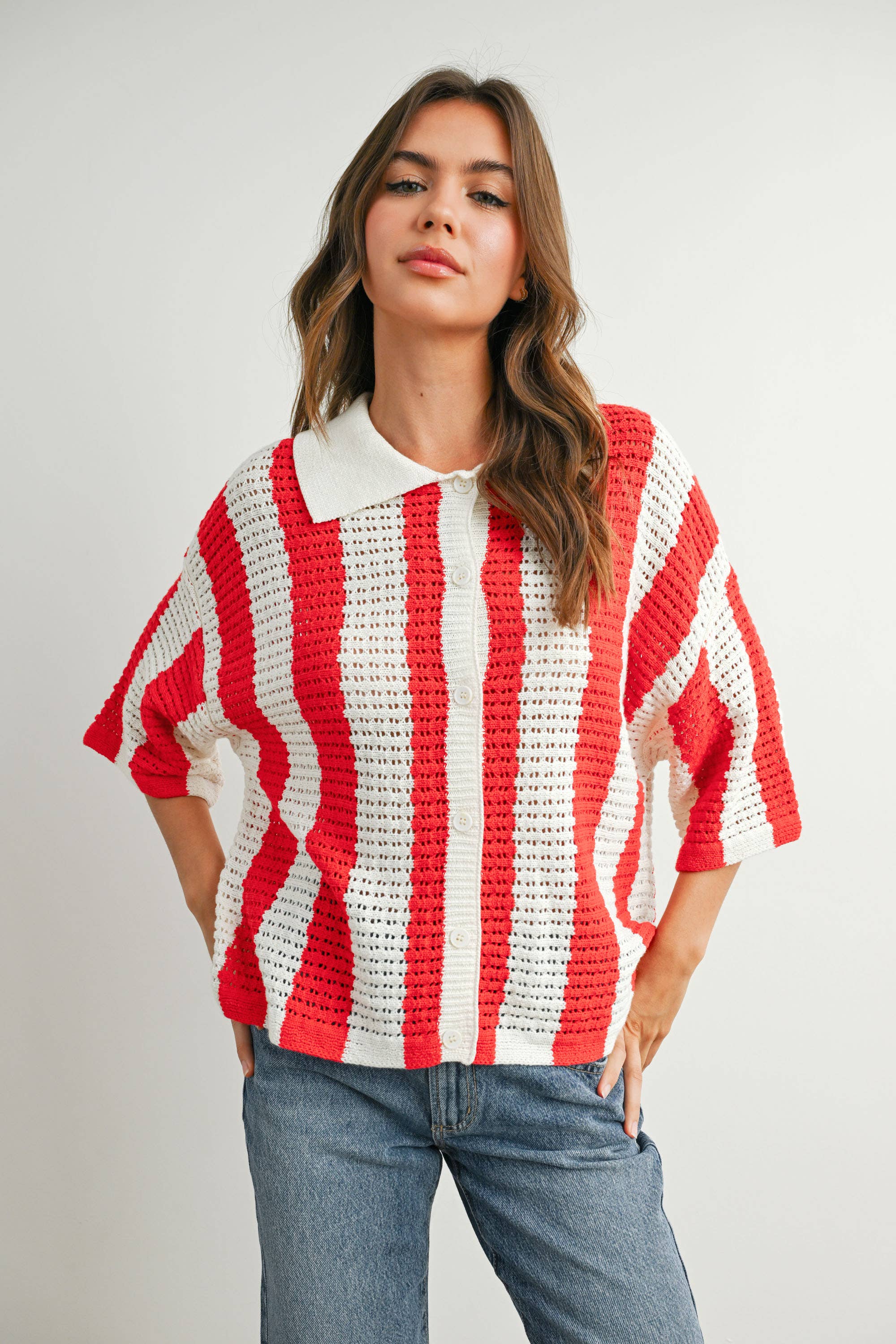 BUTTERMELON - Venta al por mayor Jersey de punto - Mujer - Jersey de Punto a Rayas con Botones - BMW774229