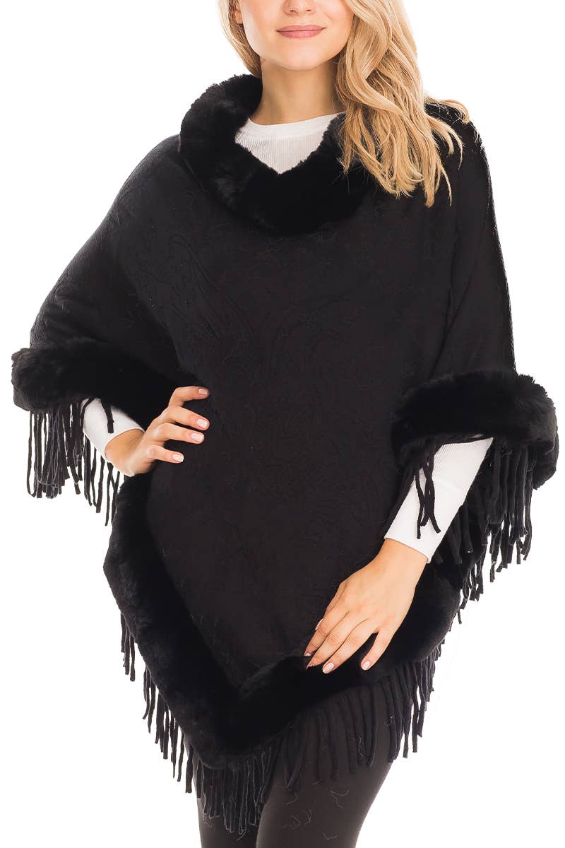 Cap Zone – Großhandel Poncho – Damen – Poncho mit Paisley geprägtem Kunstpelzfutter und Rollkragen4