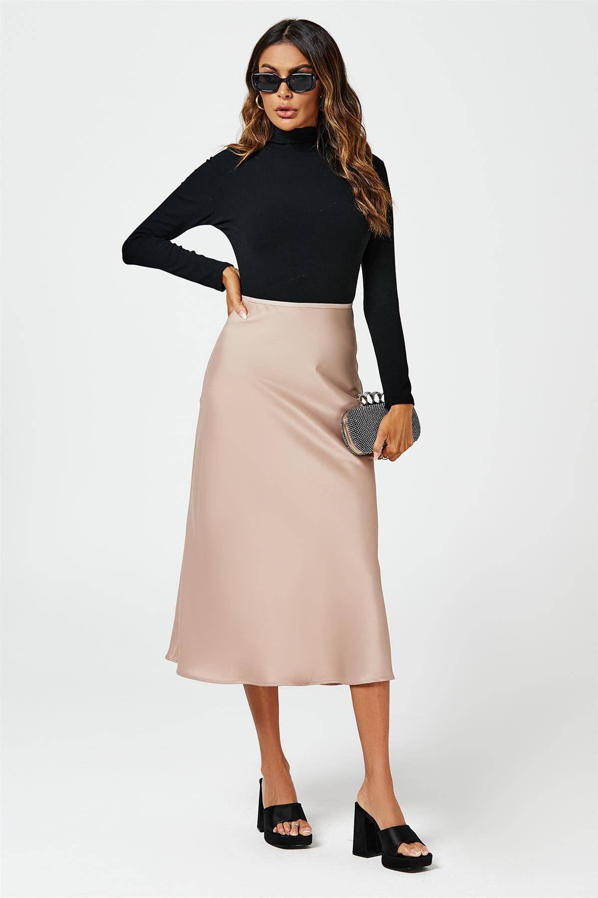 Satin Midi Skirt In Light Brown for wholesale on Faire8