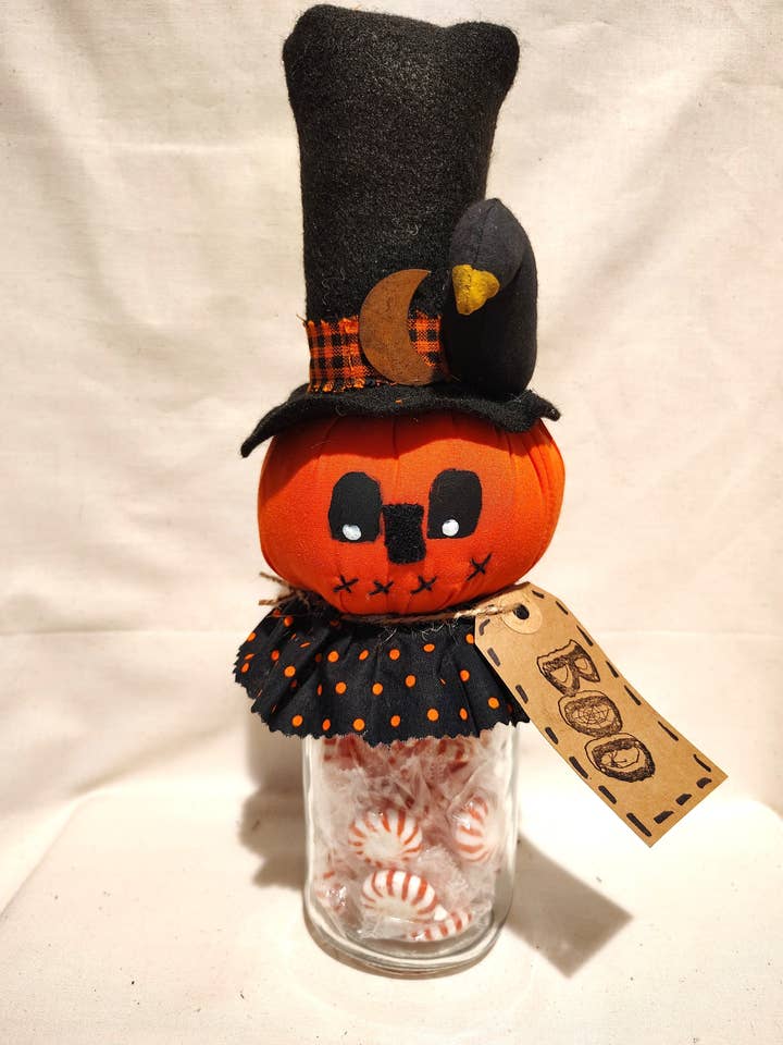 Pumpkin Candy Jar with Crow for wholesale by The Heritage Primitive Gift Shoppe