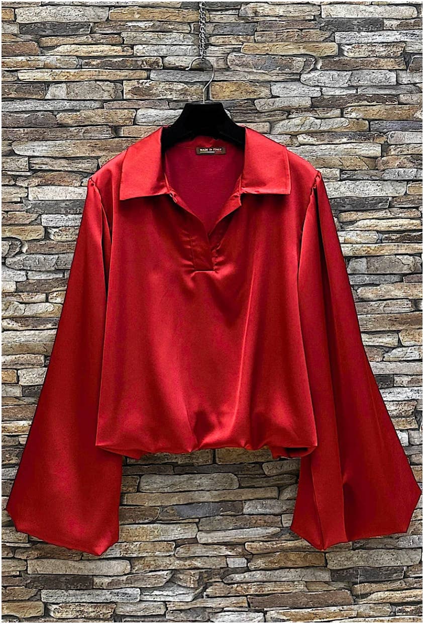 LOOWIE - Wholesale Blouse - Women's - ELBLRED Italian Red Satin Blouse w/ Balloon Sleeves LOOWIE