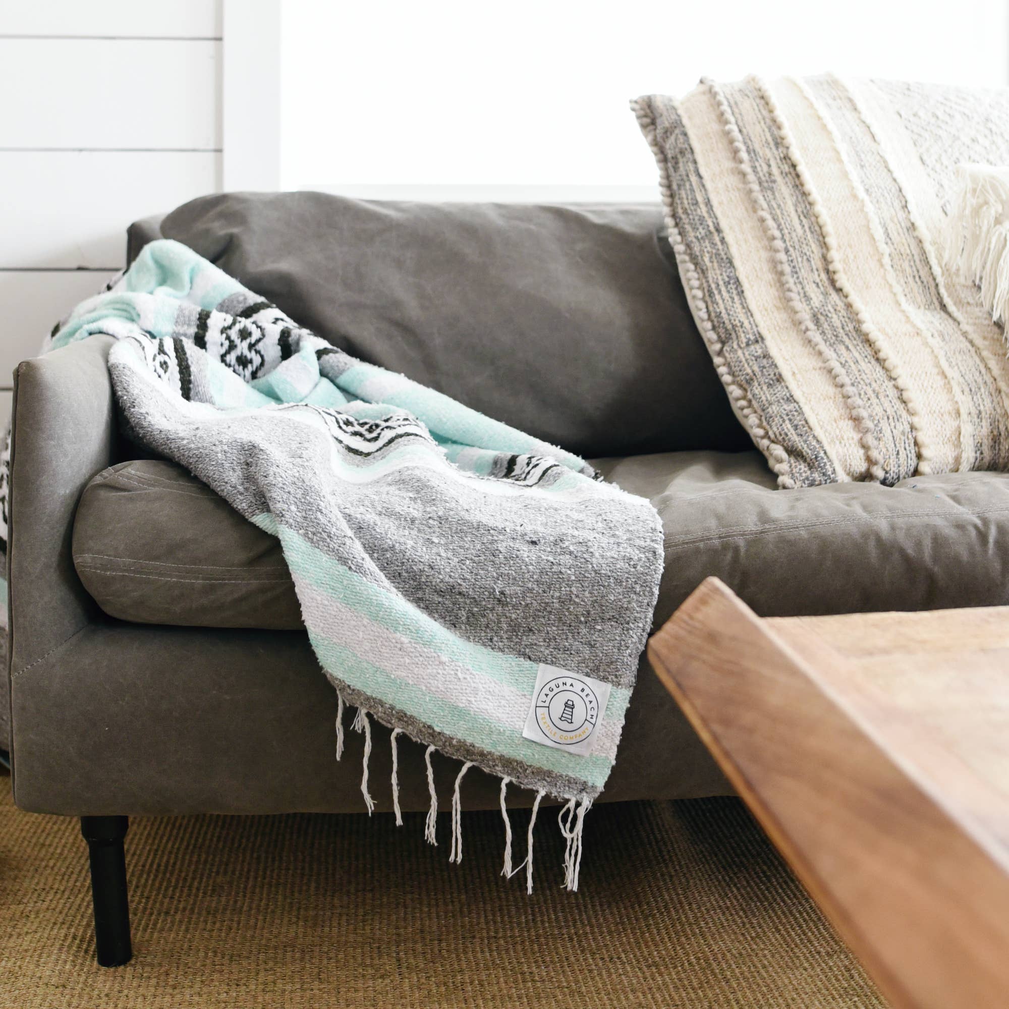 Laguna Beach Textile Company, LLC - Wholesale Throw Blanket - Mexican Serape Blanket - Mint and Gray1