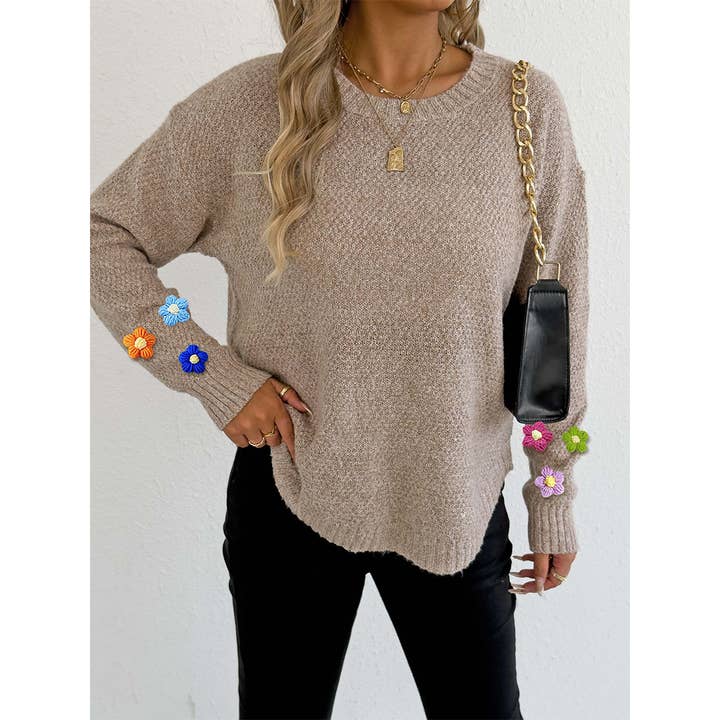 UNISHE - Wholesale Knit Sweater - Women's - Hand-Crocheted Floral Patchwork Round Neck Sweater OYM2531