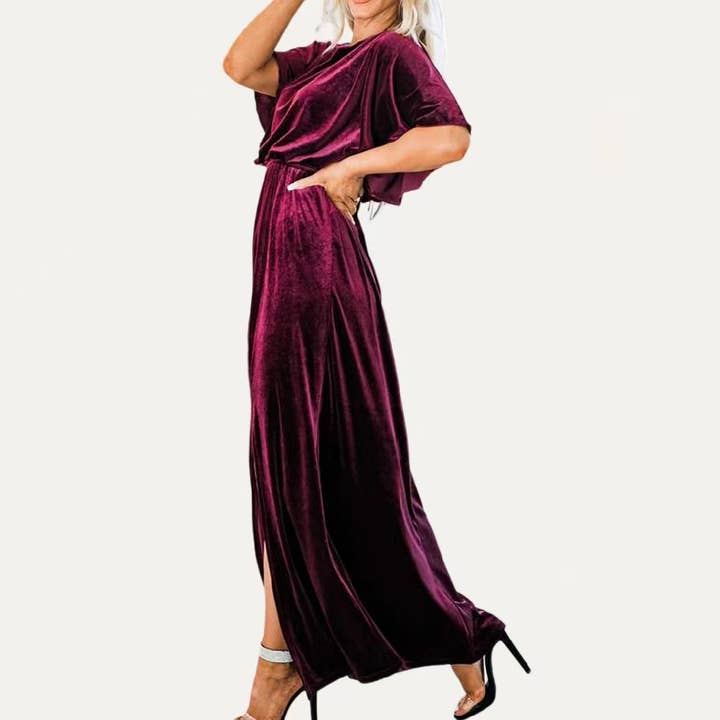 The Moment Collection - Wholesale Dress - Women's - Solid Velvet Round Neck Half Sleeves Maxi Dress