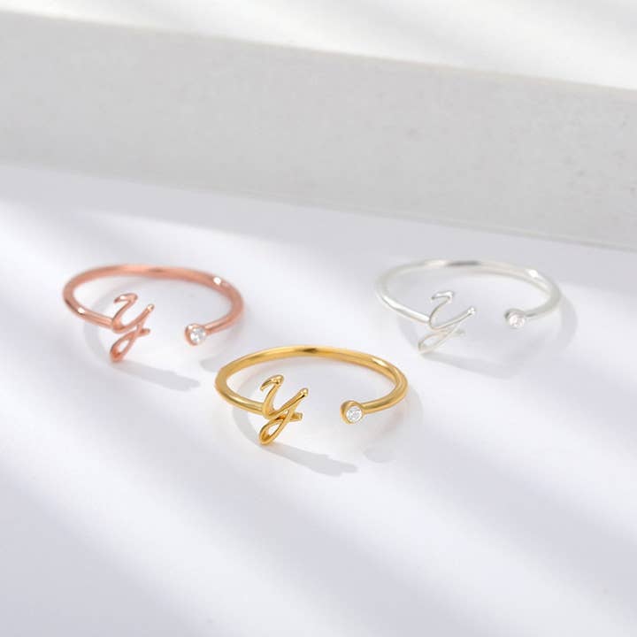 Gold Initial Letter Stackable Band Ring in Stainless Steel for wholesale by Perimade & Co. LLC