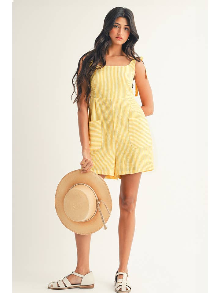 Yellow LDC Stripe Shoulder Tie Smocked Back Wide Leg Casual Romper for wholesale on Faire