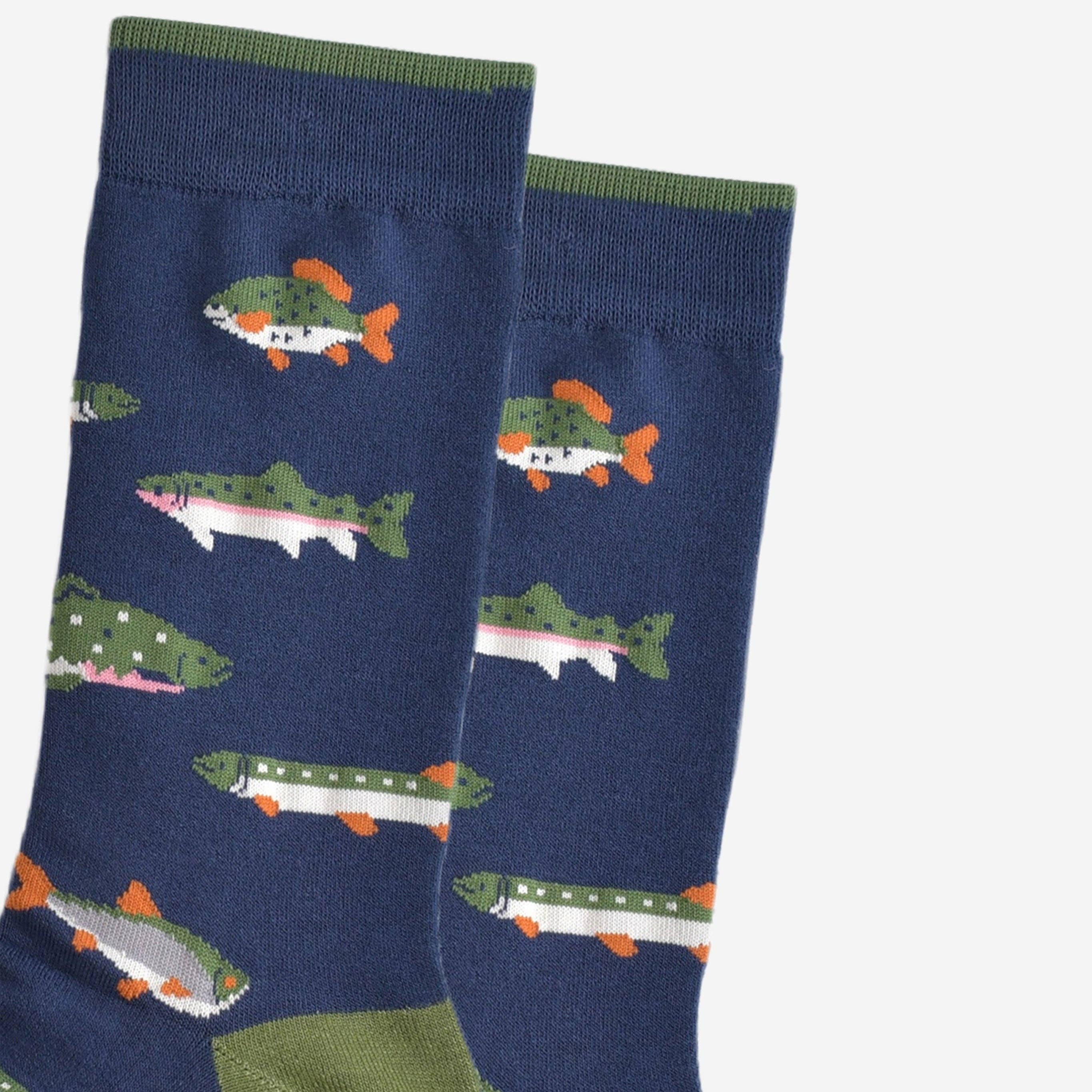 Sock Talk – wholesale Socks – Men's – Men's Bamboo Socks - Navy Blue/Green, River Fishing2