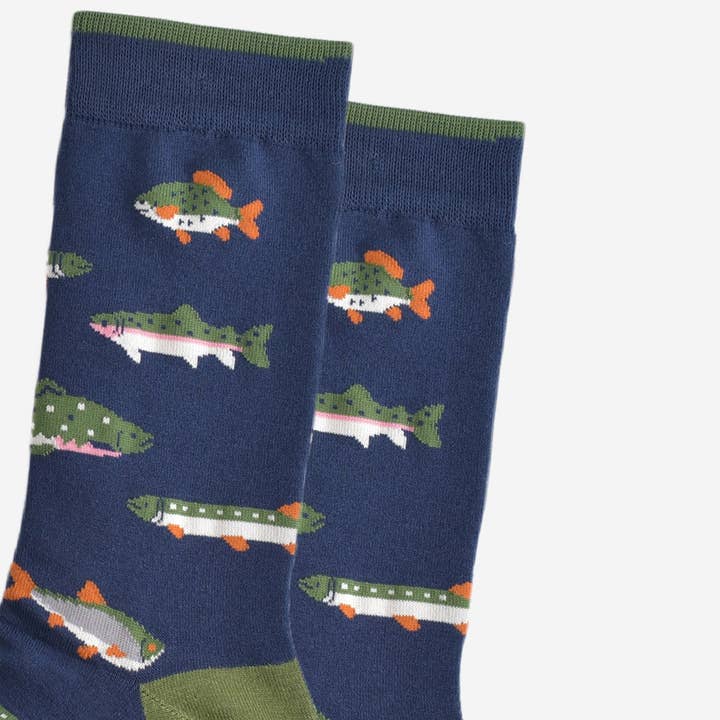 Sock Talk – wholesale Socks – Men's – Men's Bamboo Socks - Navy Blue/Green, River Fishing2