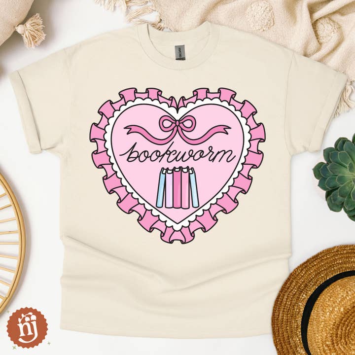 Nearly June Design Co - Wholesale T-Shirt (Graphic) - Unisex - Bookworm Ruffle Heart Bookish T-Shirt