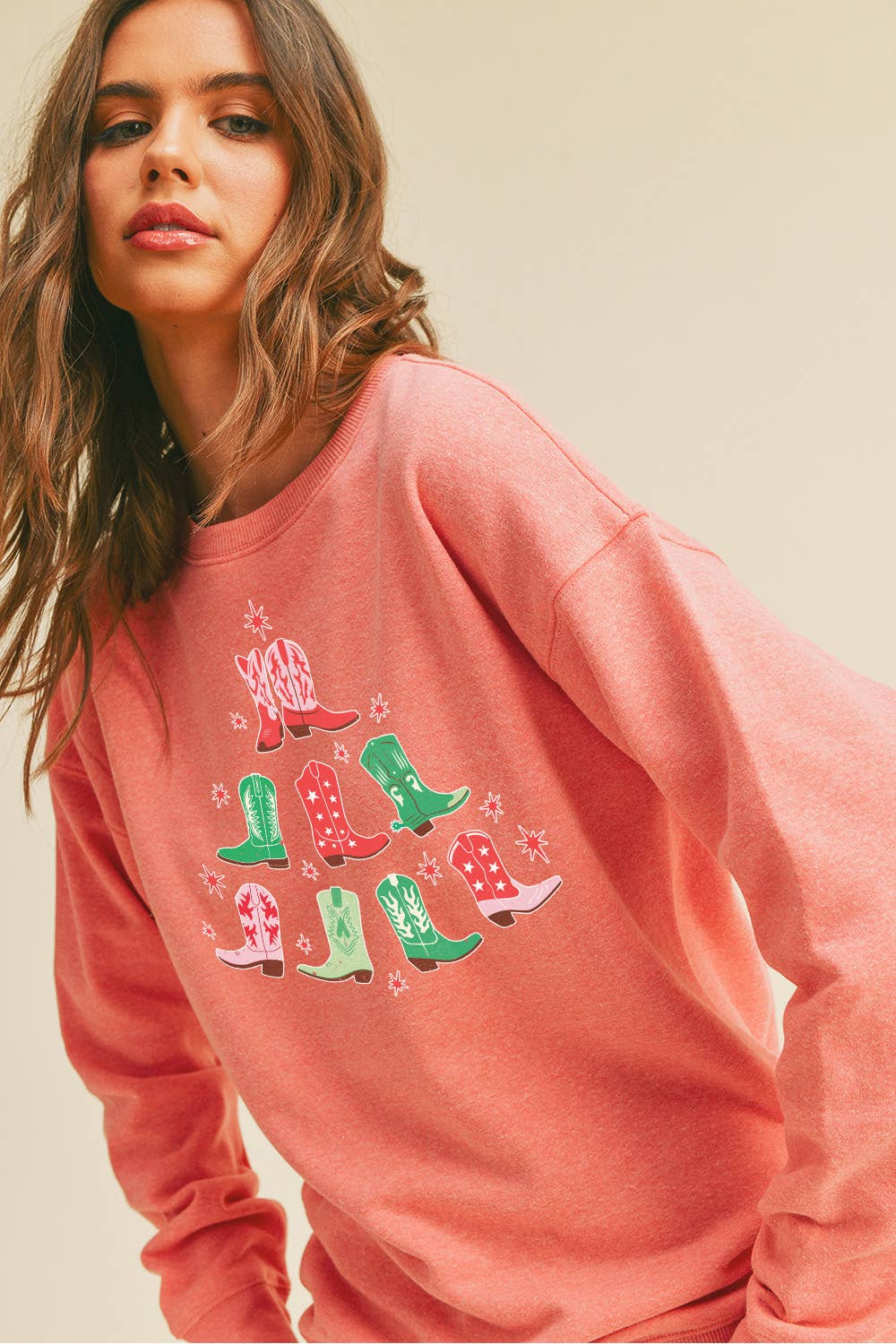 Honestee - Wholesale Sweatshirt - Women's - Cowboy Boots Christmas Tree Long Sleeve Sweatshirt7