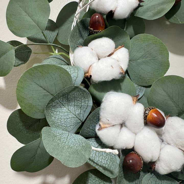 19"Rustic Eucalyptus Cotton Wreath Natural Grapevine for wholesale by Angel Isabella