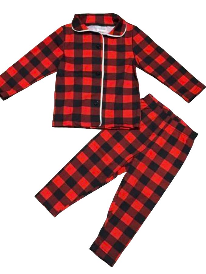 AnnLoren - Wholesale Sleepwear Set - Kids - Unisex Red & Black Plaid 2 piece Cozy Christmas Pajamas PJs0