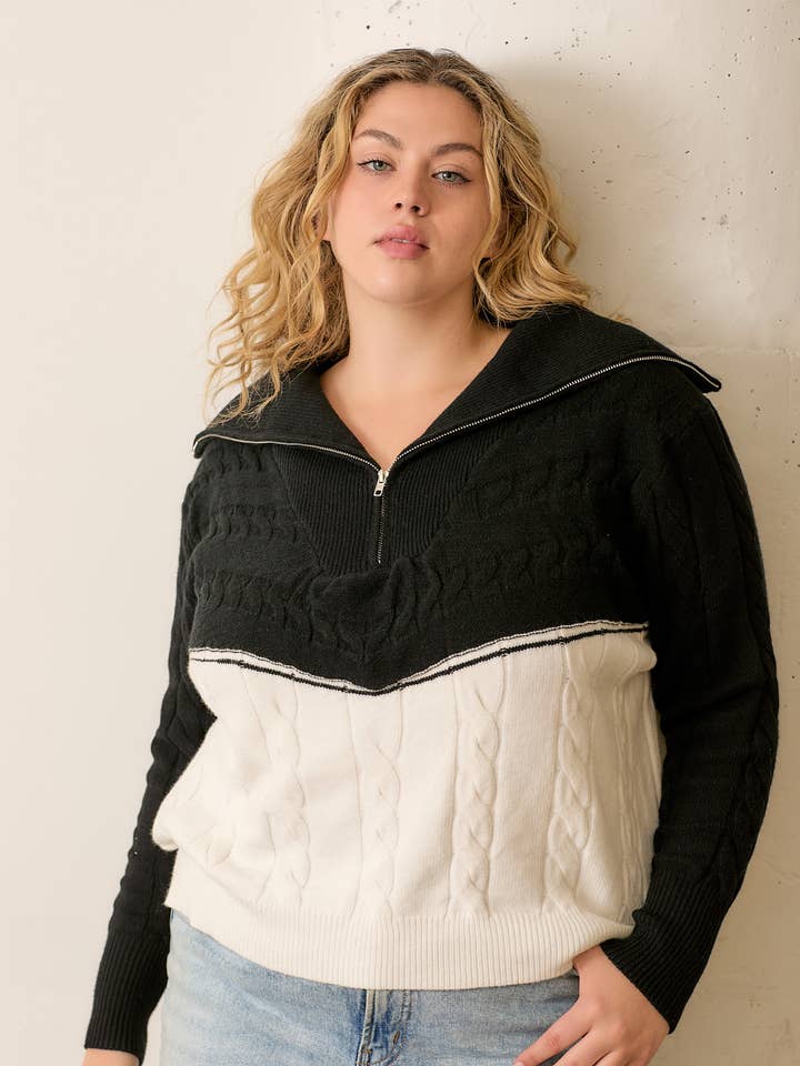 BLACK IVORY (PLUS SIZE) Two-Toned Cable Knit Sweater for wholesale on Faire