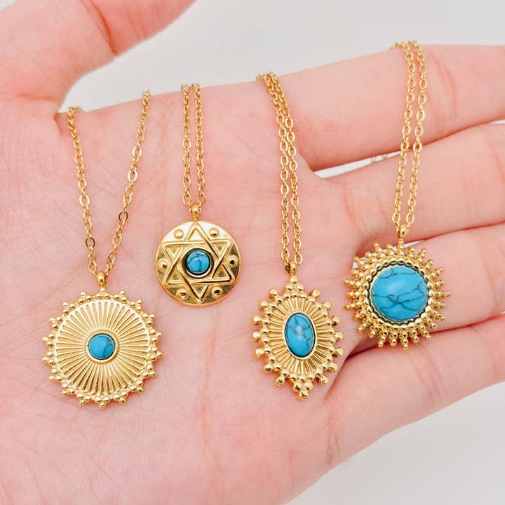 Inlaid Turquoise 18k Gold Plated SS Necklace - FGS/CS for wholesale by Mio Queena