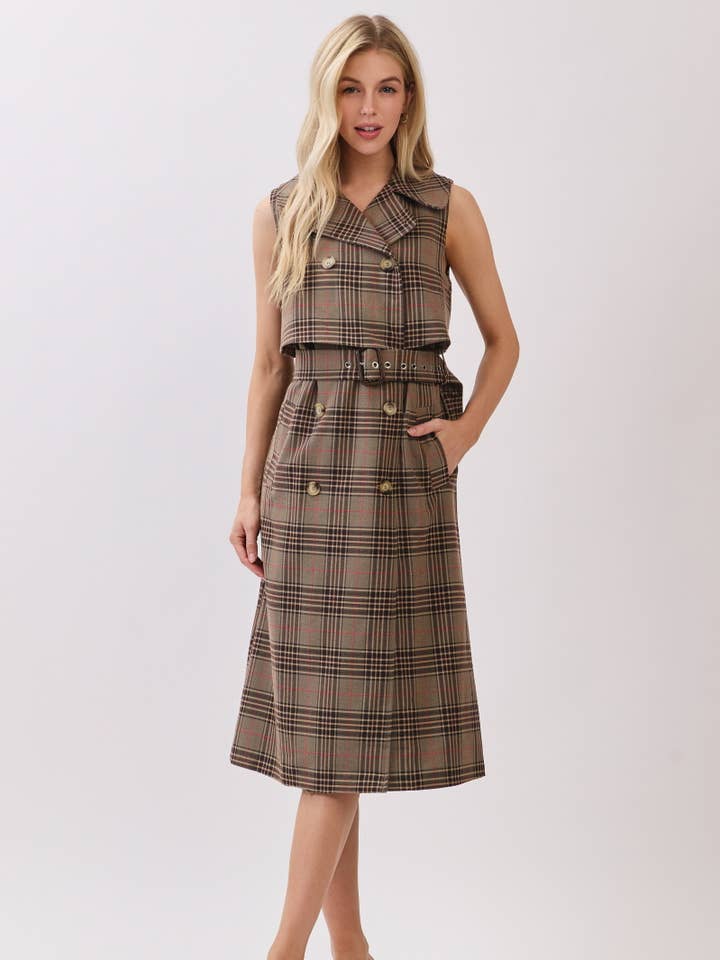 Plaid Double Button Blazer Midi Dress HD3286-BROWN for wholesale by B I G H I T Fashion