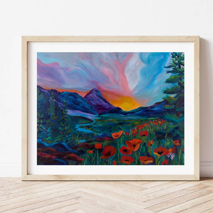 Morning Coffee — Sunrise Poppy Landscape Art Print, for wholesale by L Marie Art