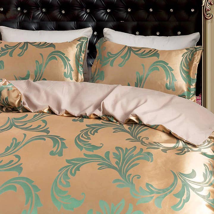 Luksus kobbergrønt sengetøj lavet med silkeagtigt jacquardstof, Damask dynebetræk sæt, designer sengetøj, æstetisk dyne King Queen Full Twin for engroshandel hos daintyduvet