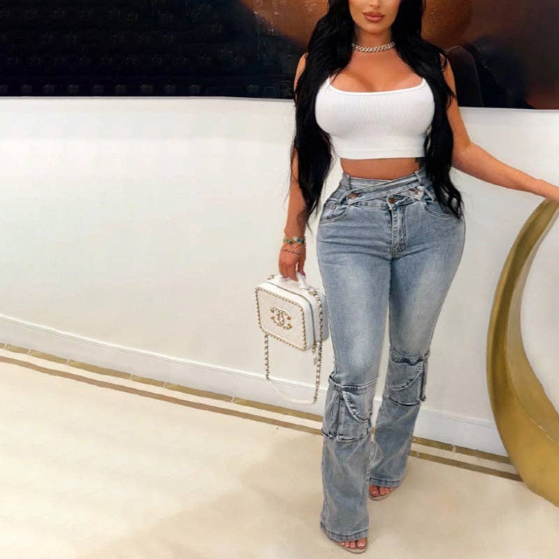 Bleu Jean évasé taille haute cargo MB FASHION avec détail ceinture 8016LY en vente sur Faire8