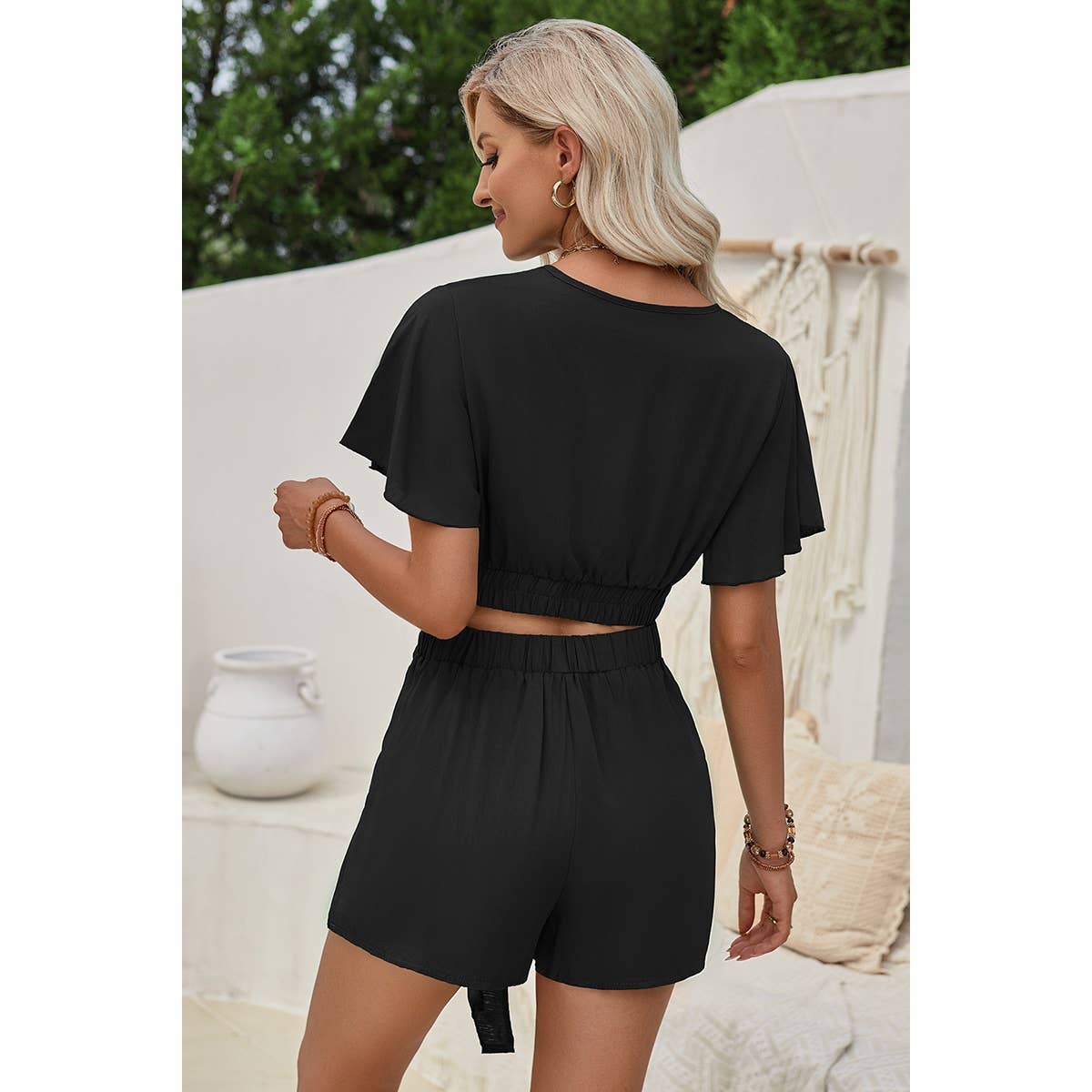 BLACK Two Pieces V Neck Ruffle Crop Shirt And Wrap Sets for wholesale on Faire5