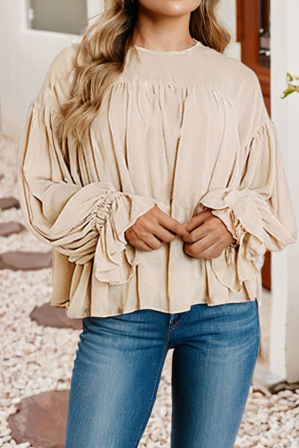 Parchment LDC Pleated Ruffle Long Sleeve Chiffon Blouse for wholesale on Faire