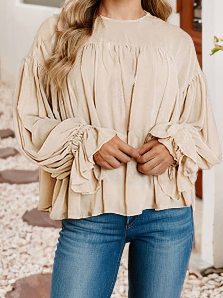 Parchment LDC Pleated Ruffle Long Sleeve Chiffon Blouse for wholesale on Faire0