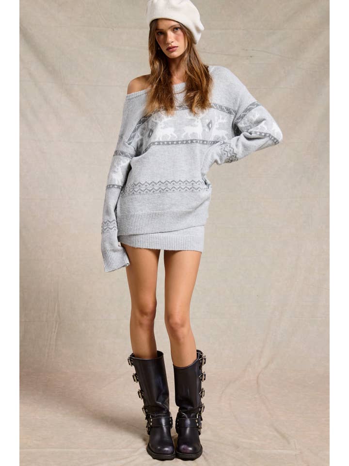 Mimosa - Wholesale Top & Skirt Set - Women's - Reindeer Jacquard Knit Sweater and Skirt Set1