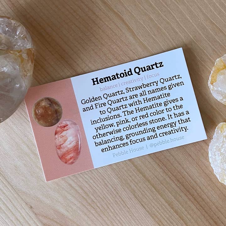 Quartz hématoïde - Carte d'information sur les cristaux (paquet de 50) pour la vente par Pebble House