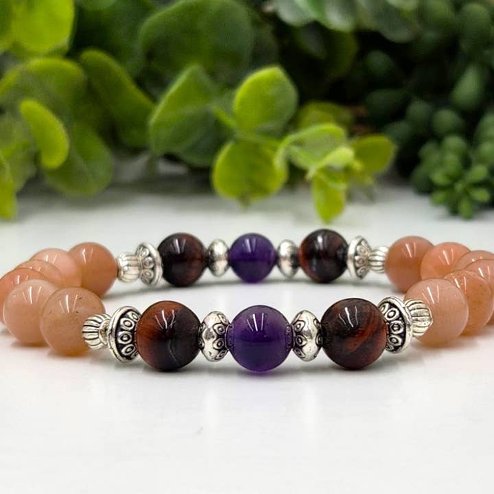 Meraki Gemstones - Wholesale Beaded Bracelet - MIGRAINE PROTECTION-Amethyst/Red Tiger Eye/Sunstone Bracelet