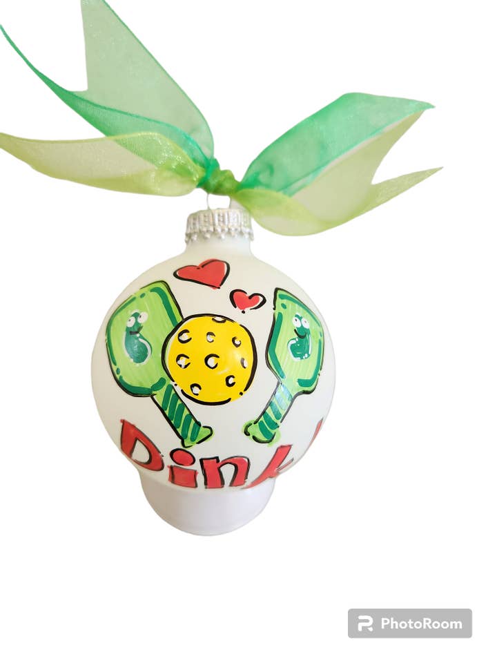 Pickle ball assortment Hand Painted glass ornaments for wholesale by Kirsten in Color