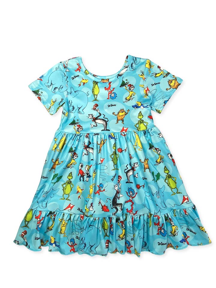 Blue Seuss Crew Twirl Dress for wholesale by The Hair Bow Company
