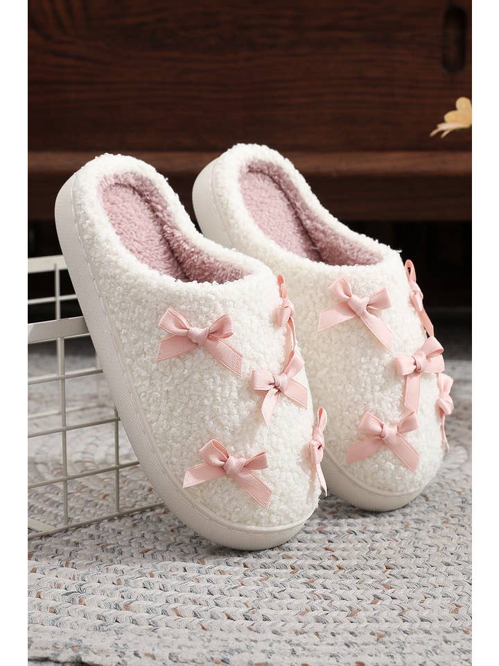 As shown Bow Knot Trim Plush Slippers | US6-11 for wholesale on Faire